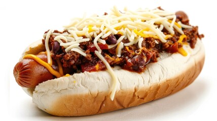 Hot dog topped with chili and shredded cheese
