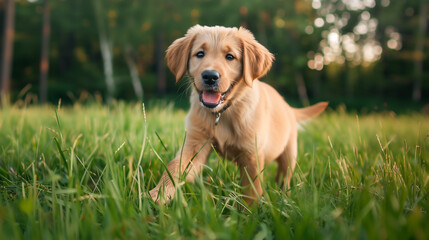 golden retriever puppy playing in the grass, smiling and looking at the camera on a summer day with a blurred background of trees and a green meadow in natural light