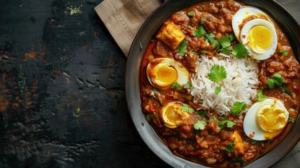 Traditional spicy Indian anda masala curry Rogan Josh with cooked eggs and basmati rice served as top view in a Nordic design bowl with copy space