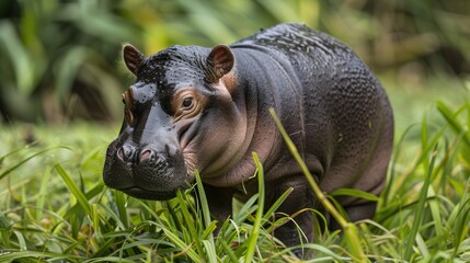 Fototapeta premium Baby Hippopotamus standing among the grass at rivers edge feeding