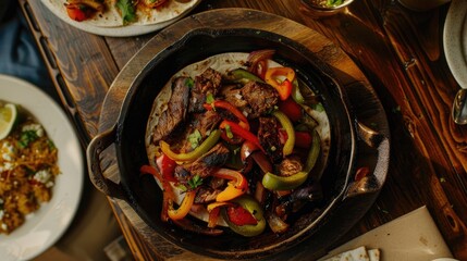 A top down view of a sizzling order of fajitas