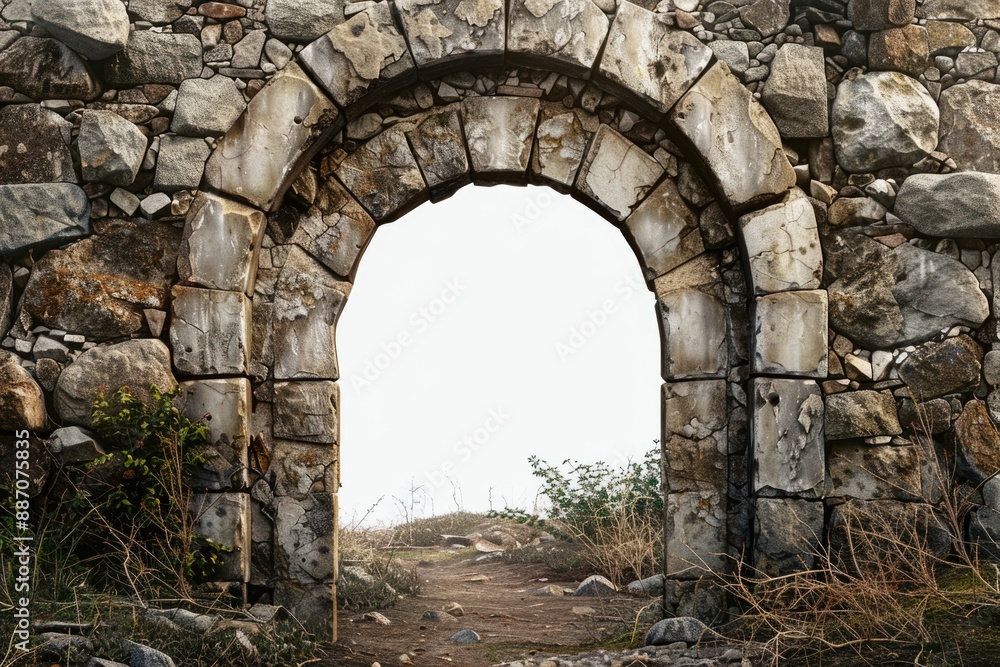 Poster image of a stone arch with a white sky in the background, suitable for use in travel, architecture o