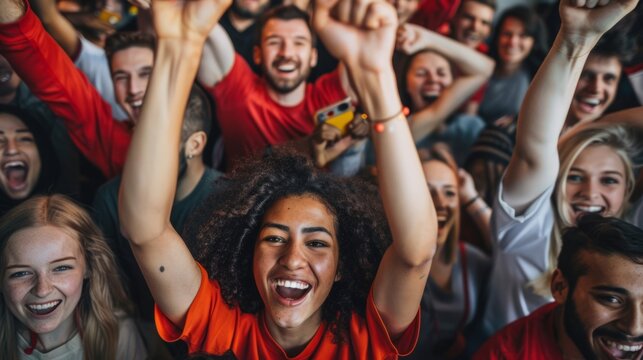 A diverse crowd of enthusiastic fans celebrates a victory with joyous expressions and raised arms, showcasing the electrifying energy of a stadium filled with excitement