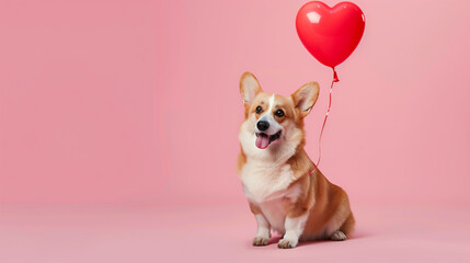 Cute corgi dog with a heart shaped balloon on pink panoramic background, fun love and Valentine's day web banner with copy space