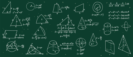 Mathematics formulas set. Hand drawn math geometry formulas. School green board with sketch symbols icon in flat style. Education concept. Isolated vector illustration