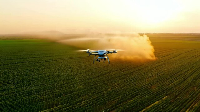Drone Spraying Crops at Sunset in a Rural Field