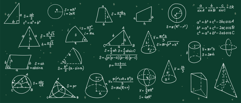 Mathematics formulas set. Hand drawn math geometry formulas. School green board with sketch symbols icon in flat style. Education concept. Isolated vector illustration