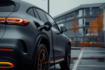 An electric car refueling at a service station