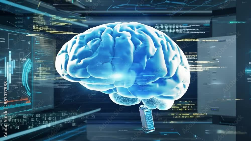 Poster a 3d rendering of a human brain, rendered in shades of blue, sits in front of computer monitors disp