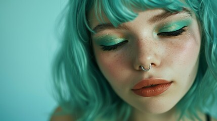 A woman with green hair and a nose ring is wearing makeup