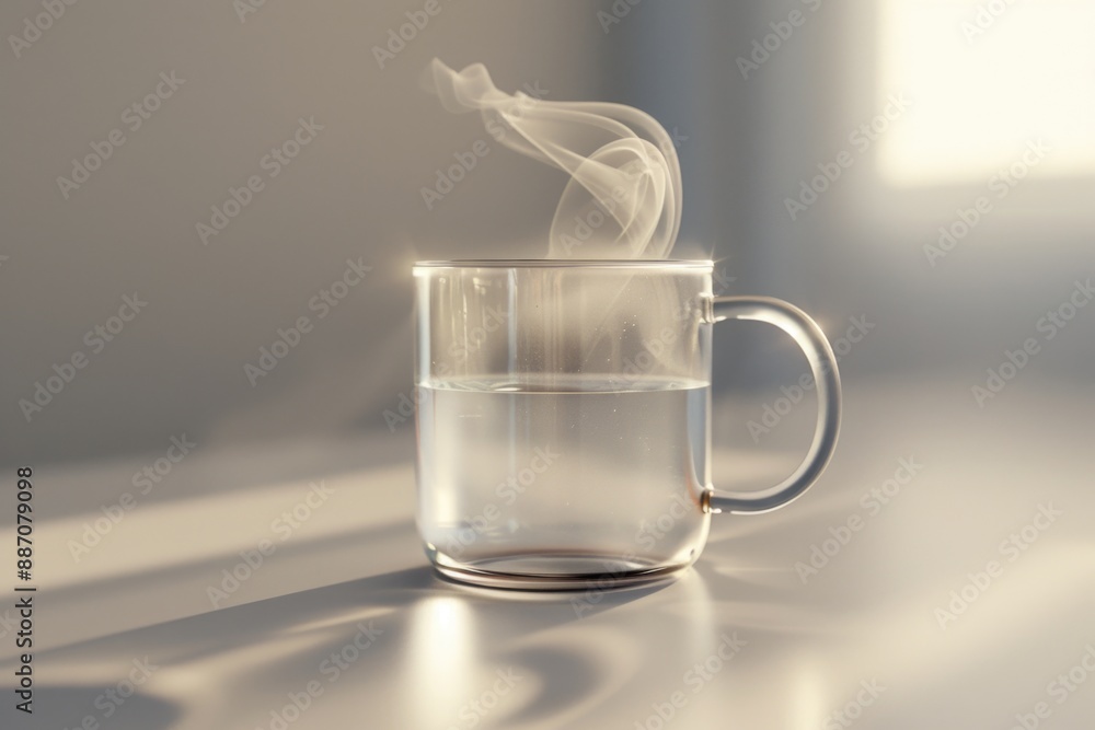 Poster a cup of water with steam rising from it, great for food and drink scenes or adding warmth to any se