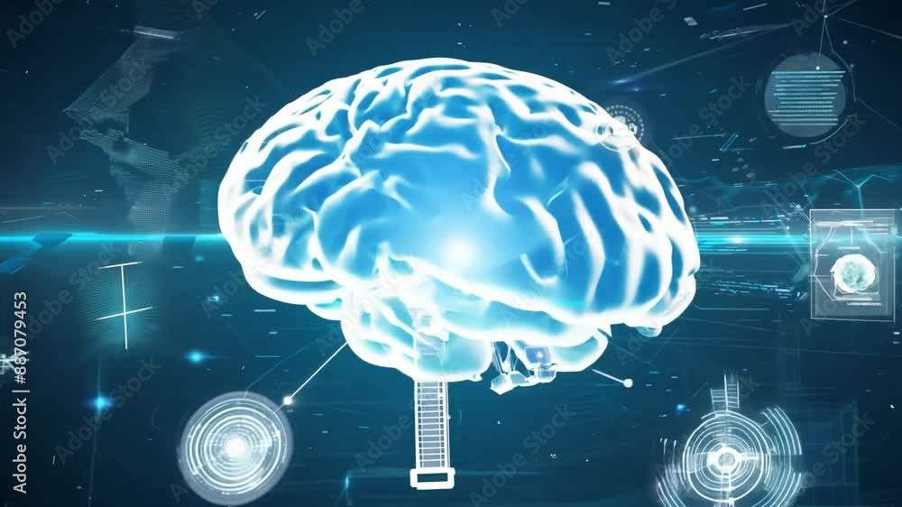 Aufkleber a 3d rendering of a human brain with a cybernetic interface on a blue, digital background.