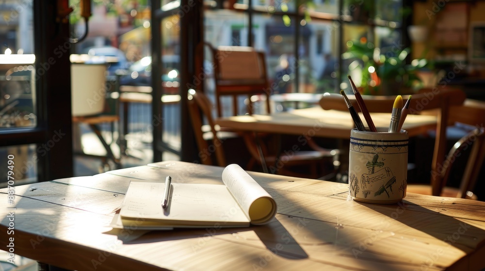 Poster a sketchbook on a cafe table with a rolled paper symbolizing creativity