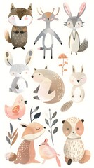 A whimsical illustration featuring cute woodland animals like a fox, deer, rabbit, bird, and more, depicted in soft pastel colors and playful, cartoon-like styles.