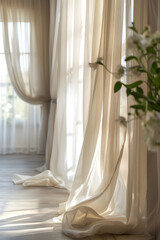 Elegant Window with Soft, Flowing Curtains Allowing Gentle Natural Light into a Serene Interior