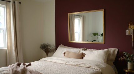 Elegant bedroom interior with burgundy accent wall, beige bedspread, brass-framed mirror, minimalist design