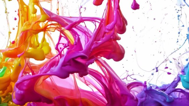 A vibrant splash of colorful paint against a white backdrop.