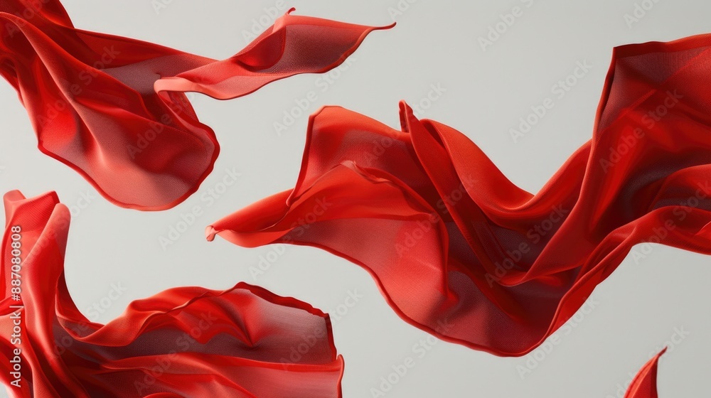 Poster a group of red fabric pieces suspended in mid-air, creating a sense of movement and energy