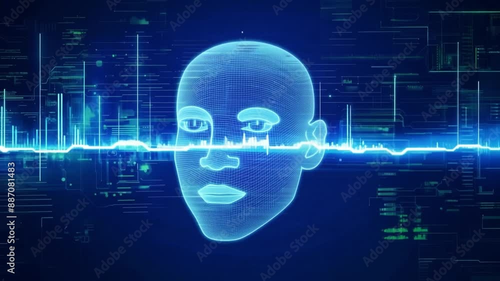 Poster a wireframe human face rendered in digital blue against a background of a blue digital interface wit