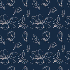 Cotton fabric Vector seamless pattern with magnolia flower silhouette in soft pastel color on blue background. flower bud of different shapes for wedding design, prints, templates, greeting cards, invitations