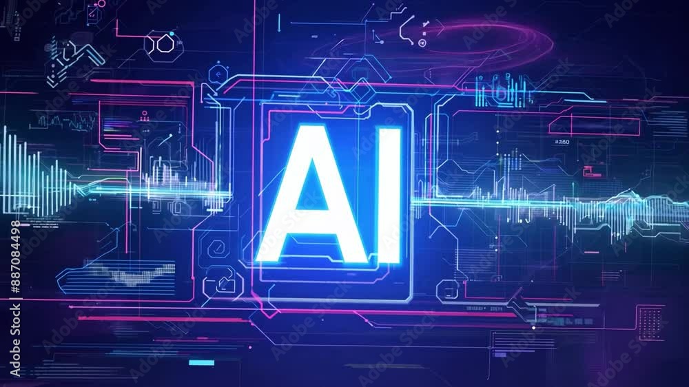 Poster a digital rendering of the letters ai in a blue square with pink and blue circuitry and data wavefor