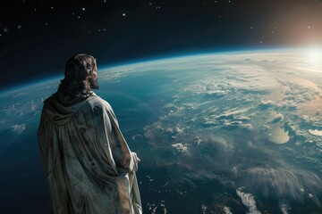 Obraz premium A bronze statue of Jesus Christ standing by a globe representing the Earth, symbolizing divine guidance and protection