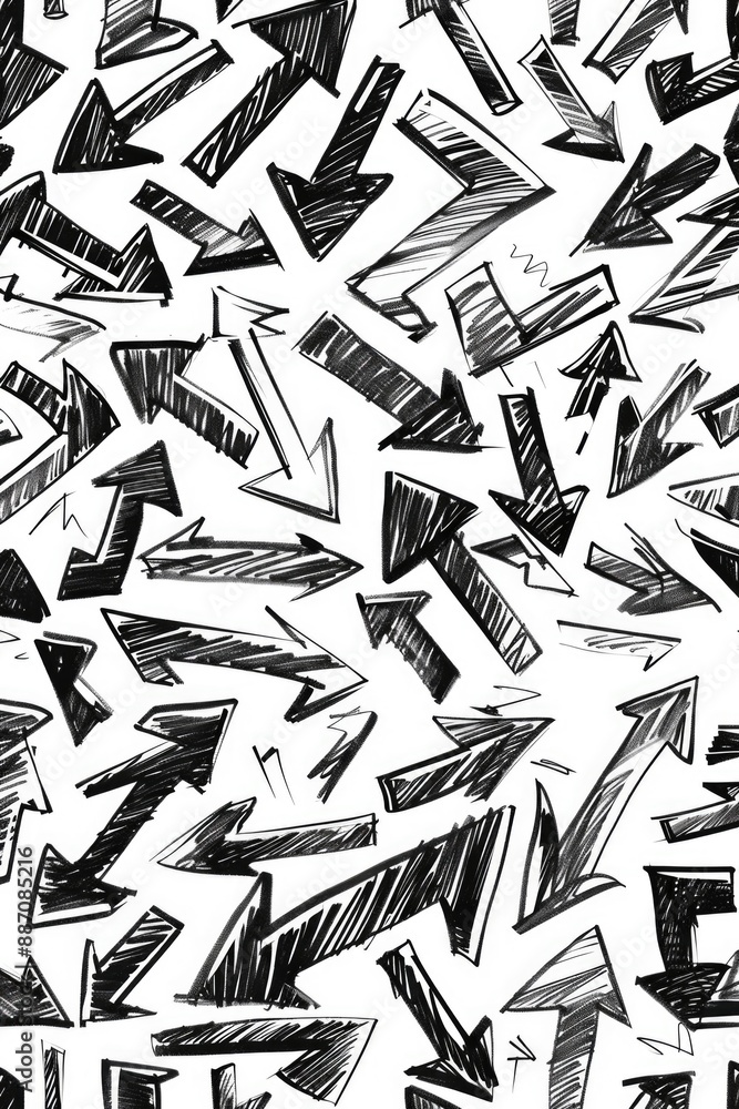 Poster a group of black and white arrows on a white background, suitable for use in designs related to dire