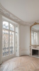 Fototapeta premium A white living room interior design with a large window, white sofa, and white armchair