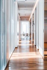A long hallway with a table and chairs