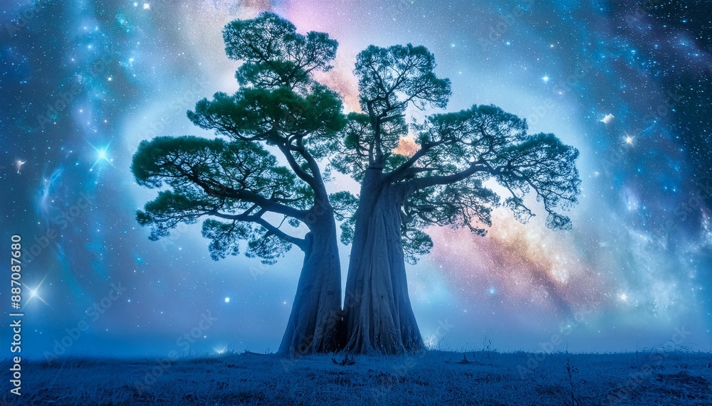 Wall mural huge trees of life blend with psychedelic colored galaxies with stars galaxy clouds 3d generative ai