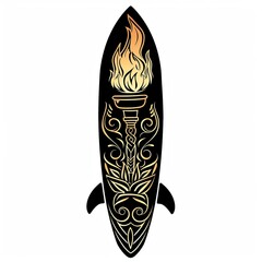 Surfboard with Olympic torch. Logo in the style of ancient Greece