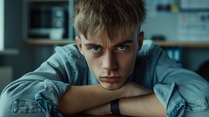 Obraz premium Portrait of a Pensive Young Man in Casual Denim Shirt with Short Blond Hair at Home Office Setting
