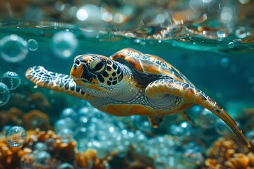 Fototapeta premium A sea turtle swimming in an ocean filled with plastic bottles, illustrating the concept of marine pollution and its impact on the environment, animals, and wildlife.