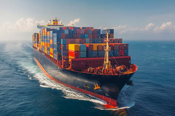 Fototapeta premium A Majestic Container Ship Sails Through The Vast Ocean Under A Clear Blue Sky