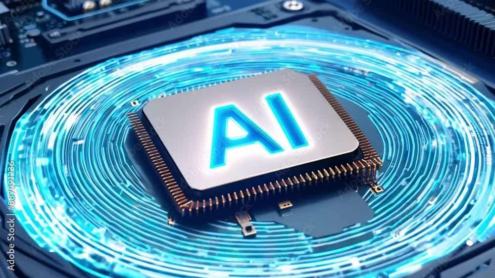 Poster a close-up of an ai chip on a motherboard, with the letters ai illuminated in blue.