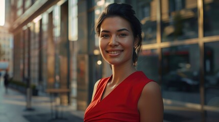 Confident in her future success, a smiling businesswoman in a red dress stands outside an office building