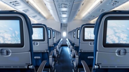 empty airplane chairs with a blank screen