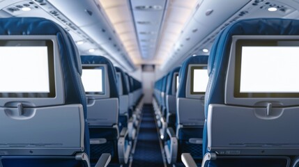 empty airplane chairs with a blank screen