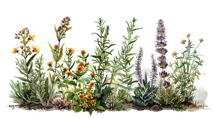 Botanical sketches of herbs spices in a kitchen garden
