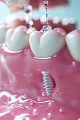 Fototapeta premium image of a gum with teeth and a tooth being implanted, 3d image render.generative ai