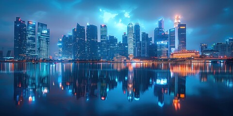 Obraz premium Nighttime Skyline of a Modern City with Reflections in the Water