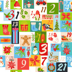 Christmas advent calendar seamless pattern with gnome, candy kane, mistletoe, cookies, holiday, candle, gift, box, Christmas wreath, boots, Christmas tree toy