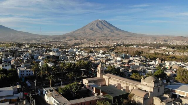 Aerial view of the Yanahuara Church and misti volcano
