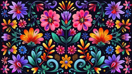 An elegant floral composition featuring whimsical artistic style, with blooming flowers and lush leaves creating a decorative pattern, ideal for artistic and decorative use.