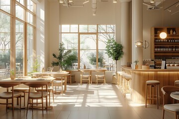 Interior design of cafe with wooden vintage style, decorated with warm and cozy tones, relaxing tones with classic old wood round corner counter and coffee machinery. 
