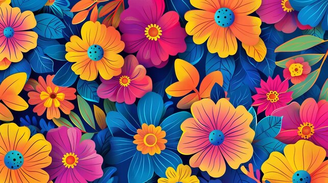 A vivid and striking array of diverse flowers rendered in bright colors and intricate details, set against a blue background, celebrating the vibrance and beauty of nature.