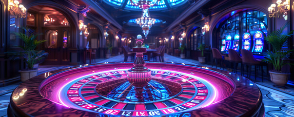 Obraz premium Casino room with roulette, in the background there is a beautiful violet interior with pink lights