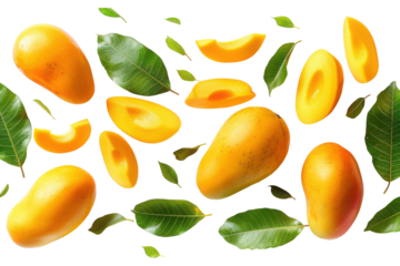 Mango with half slices falling or floating in the air with green leaves isolated on background, Fresh organic fruit with high vitamins and minerals.
