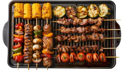 Delicious barbecue grill shot with a variety of colorful skewers and vegetables. This top-down view showcases roasted corn, zucchini, mushrooms, and meat skewers grilled to perfection. AI
