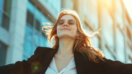 Happy, relaxed, confident young businesswoman, balancing work and life with ease